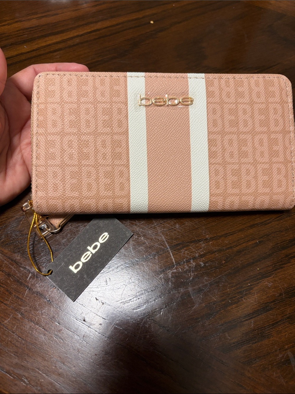 bebe Blush Pink and White Stripe Zip-Around Wallet